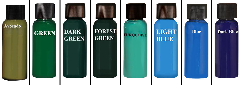 Bottles of paint in green, blue and dark colors, labeled with names.