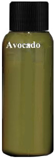 A bottle of avocado-colored paint with a black cap. The word