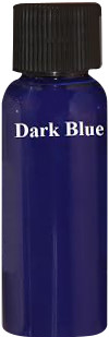 Bottle of dark blue paint with black cap, labeled
