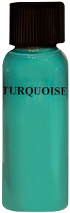Turquoise paint bottle with black cap. Label reads