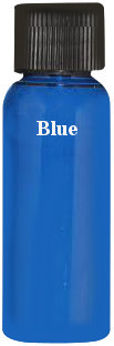 A blue bottle with a black cap, labeled