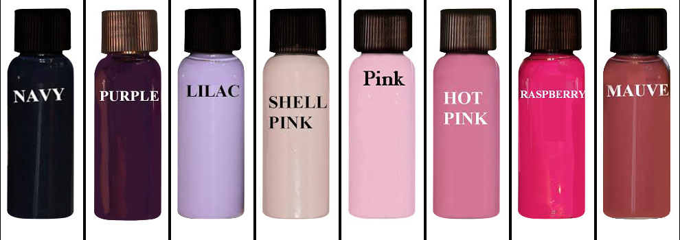 Bottles of colored paint labeled: Navy, Purple, Lilac, Shell Pink, Pink, Hot Pink, Raspberry, Mauve.