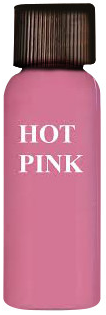A bottle of hot pink paint with a dark brown cap.