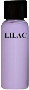 A bottle of lilac-colored paint with a black cap. The word