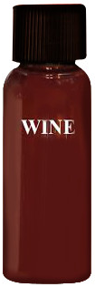 Bottle of wine-colored liquid with black cap and white