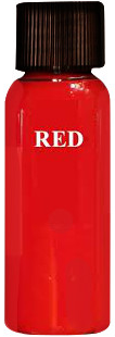 Red paint bottle with black cap, labeled