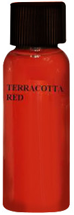 A bottle of terracotta red paint with a black cap.