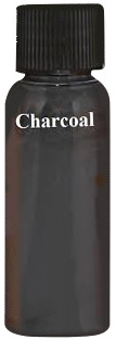 A bottle of charcoal-colored liquid with a black cap. The word