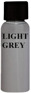 A bottle of light grey paint with a black cap. Text reads