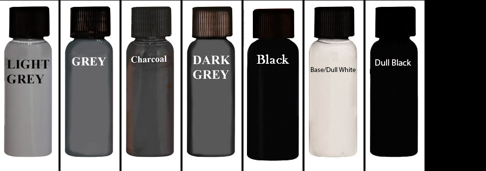 Bottles of paint in light grey, grey, charcoal, dark grey, black, semi-doll white, and dull black.