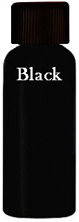 Black bottle with a black cap labeled