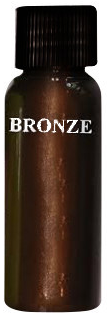 Bronze colored bottle with black cap, labeled