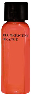 A bottle of fluorescent orange paint with a black cap. Text: