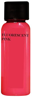 Bottle of fluorescent pink paint. Black cap, pink liquid, white text: