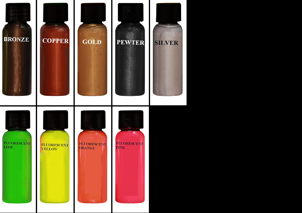 Bottles of metallic and fluorescent paints: bronze, copper, gold, pewter, silver, green, yellow, orange, and pink.