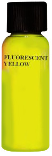 Bottle of fluorescent yellow paint. Black cap, yellow contents, white text
