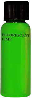 A fluorescent lime-colored paint bottle with a black cap. Text reads