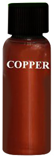 A copper-colored paint bottle with a black lid; the word