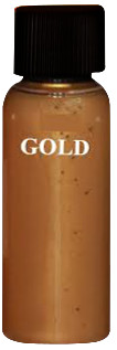 A bottle of gold-colored liquid with a black cap; the word