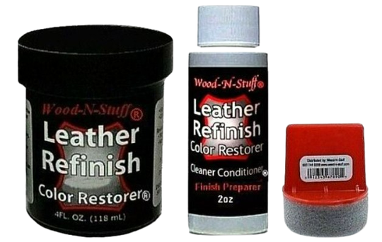 Set of leather refinishing products, including a black jar, white bottle, and red applicator.