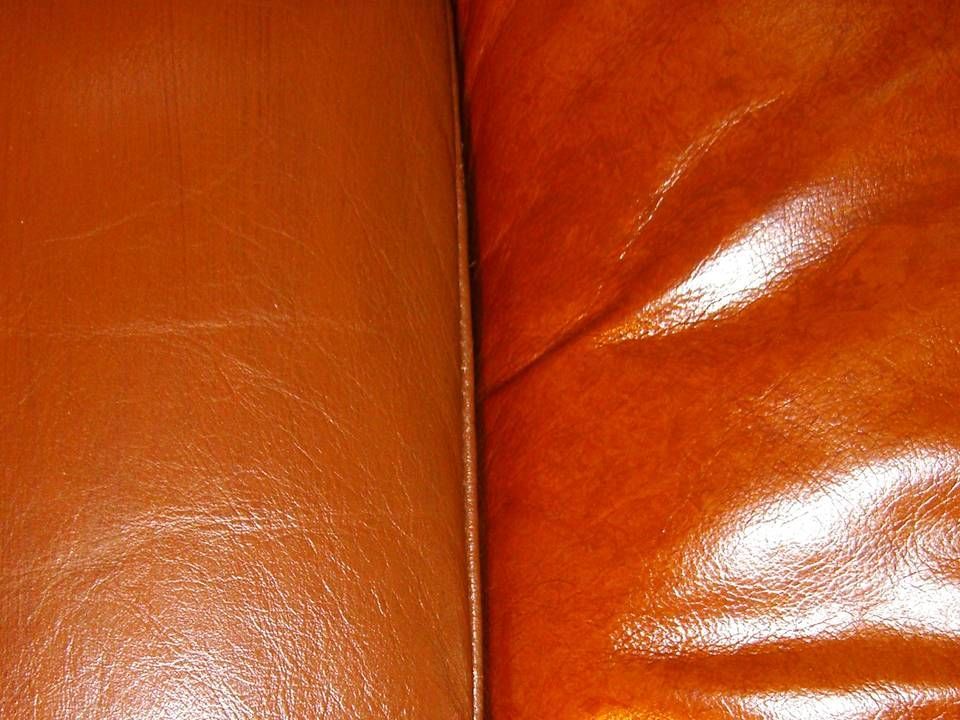 Two sections of a leather surface, one smooth and one wrinkled, both in orange-brown.