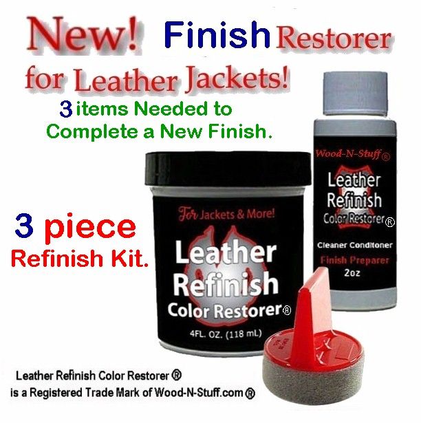 Leather jacket refinish kit with cleaner, color restorer, and applicator.