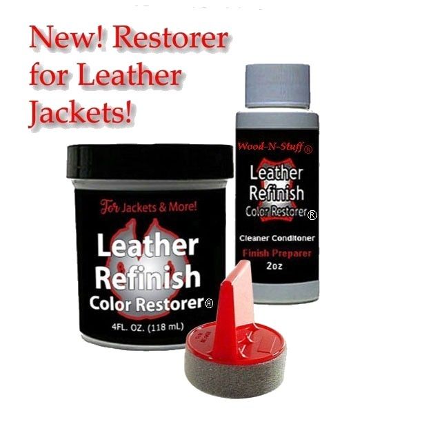 Leather refinishing kit: black containers, sponge applicator, text