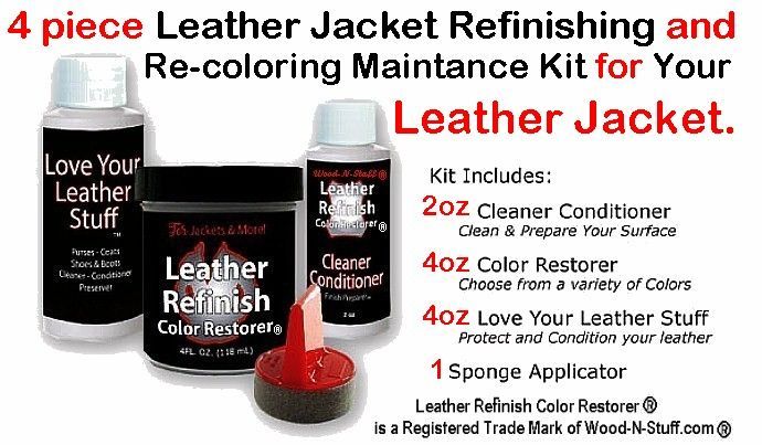 Leather jacket refinishing kit with four bottles and a sponge applicator.