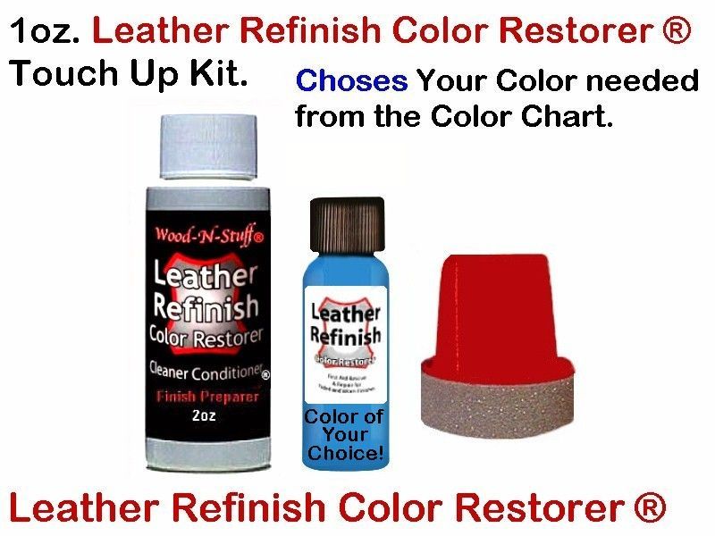 Leather refinish touch-up kit, including color restorer, color of choice, and a prep product.