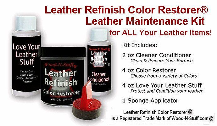 Leather maintenance kit for leather items: cleaner, color restorer, conditioner, and sponge applicator.