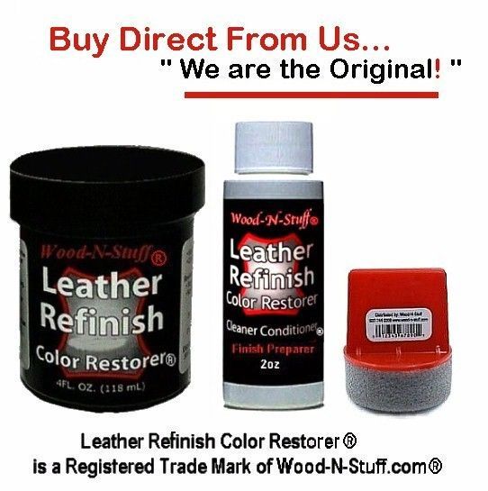 Product: Leather refinish kit from Wood-N-Stuff, includes a jar, bottle, and applicator.