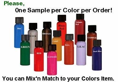 Bottles of paint samples, various colors: blue, green, red, bronze, black, silver, copper, etc., with text.