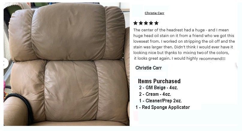 Tan recliner chair with a review and product list, including 