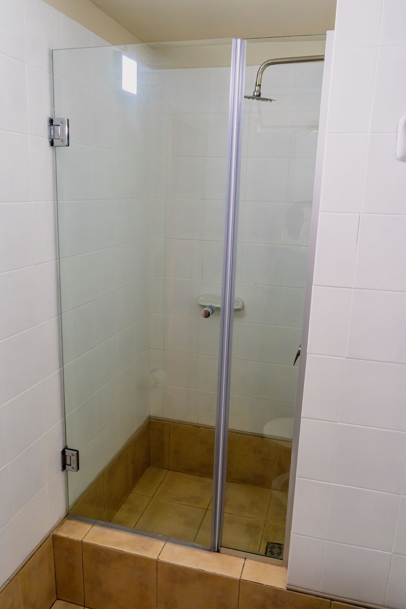 Glass shower with a hinged door and a showerhead, surrounded by white tiled walls.