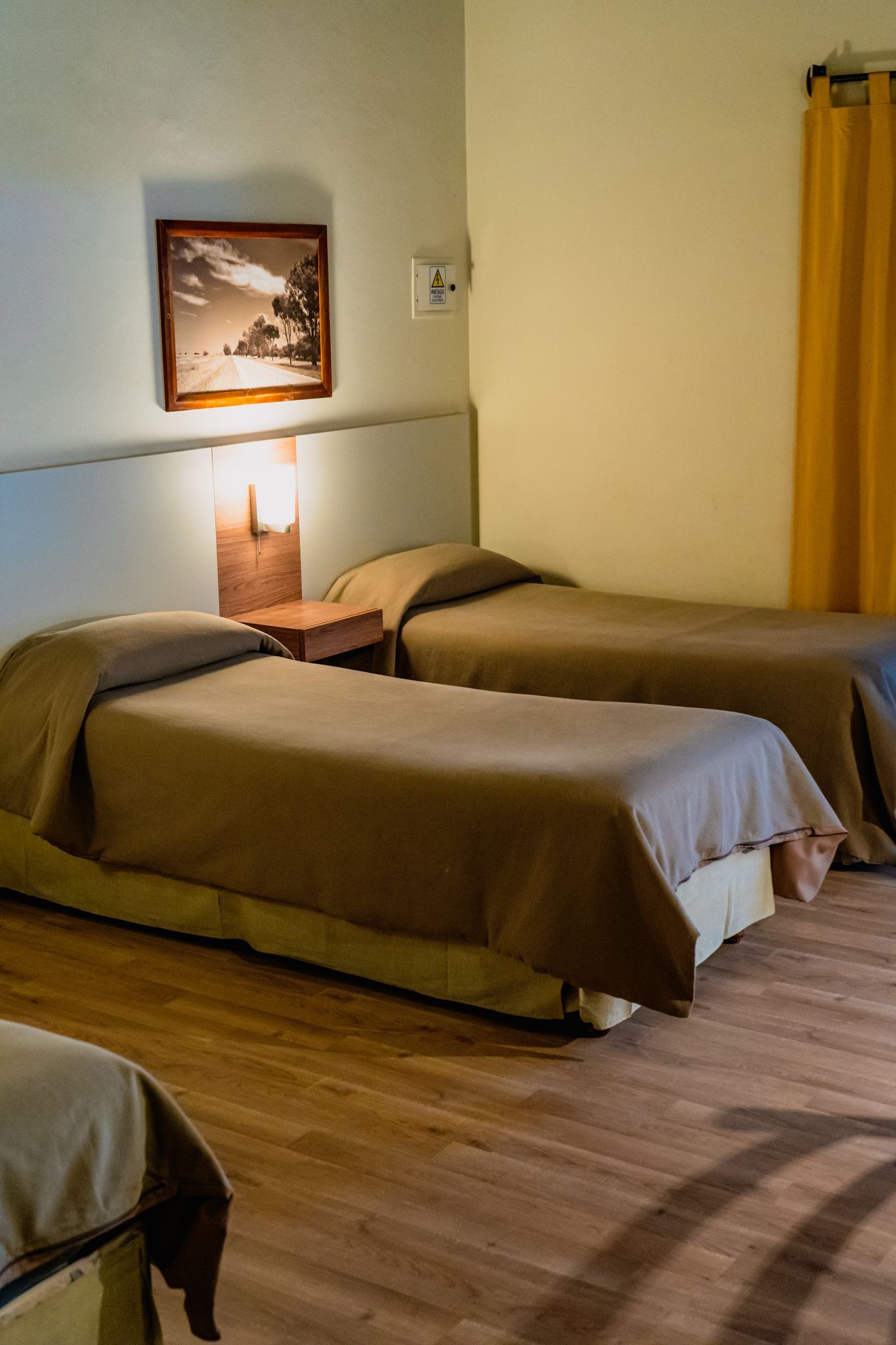 Three beds in a hotel room with brown blankets and wooden floor. A painting hangs on the wall.