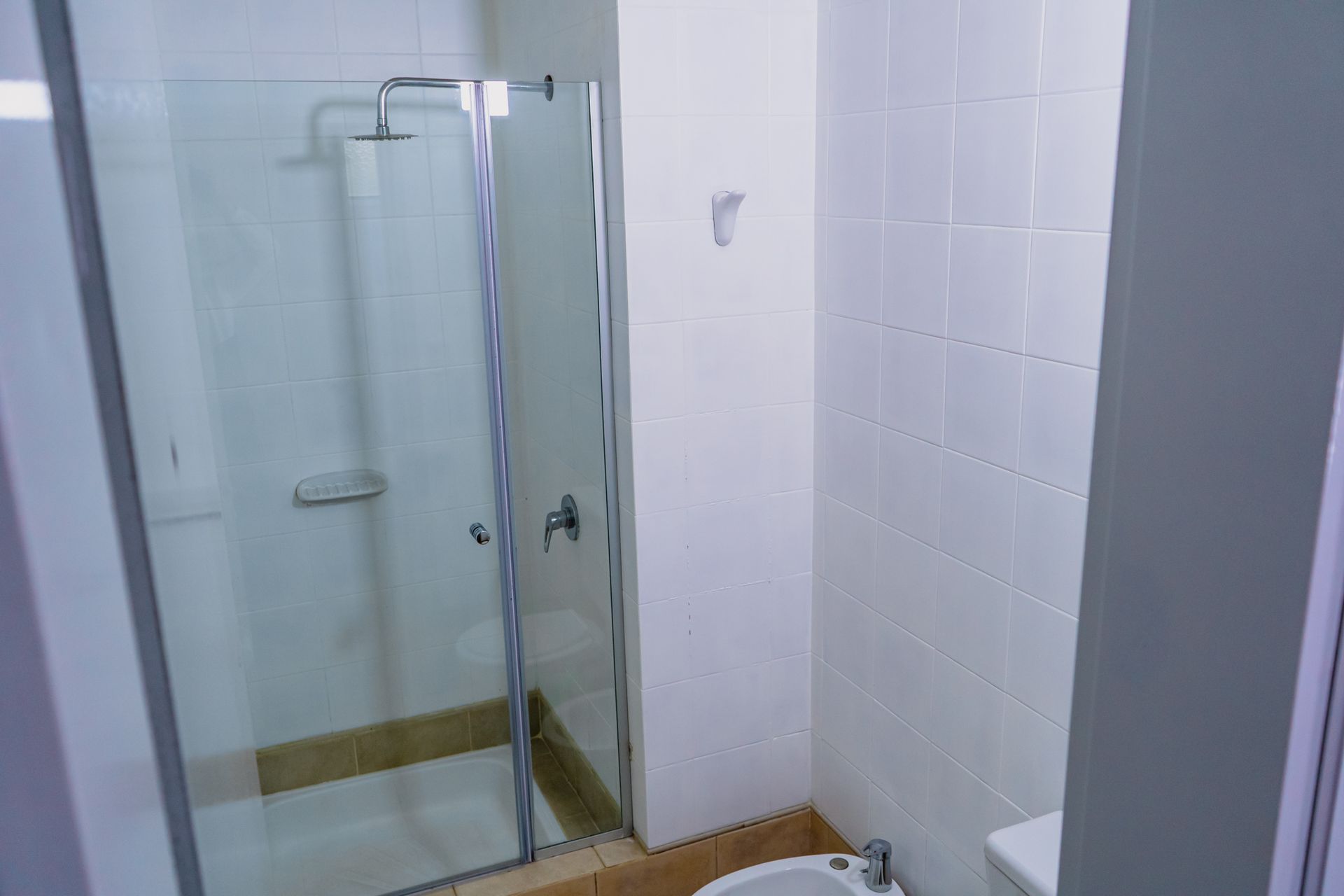 Bathroom with a glass shower, white tiles, and a bidet.