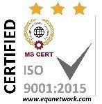 Logo di certificazione ISO 9001:2015 con stelle dorate, emblema del globo e segno di spunta grigio.