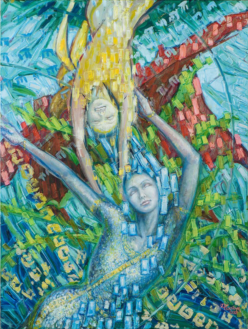 Two figures reaching: one blue, one yellow, amid foliage.