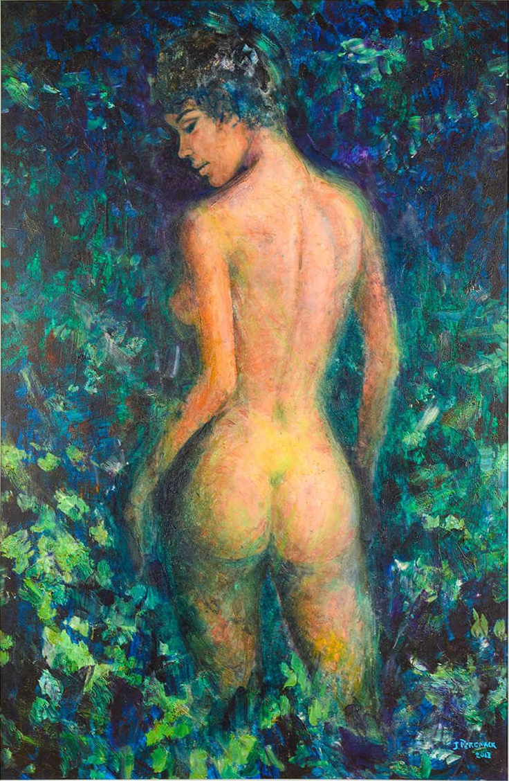 Nude figure in a lush green garden, back to viewer, with head turned down.