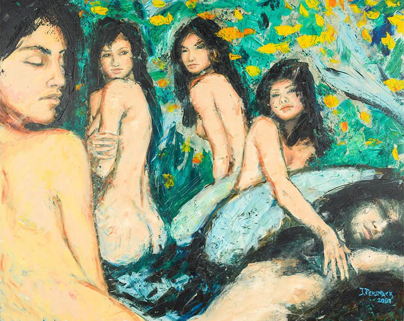 Women bathing in a forested area, with green, yellow, and blue colors.