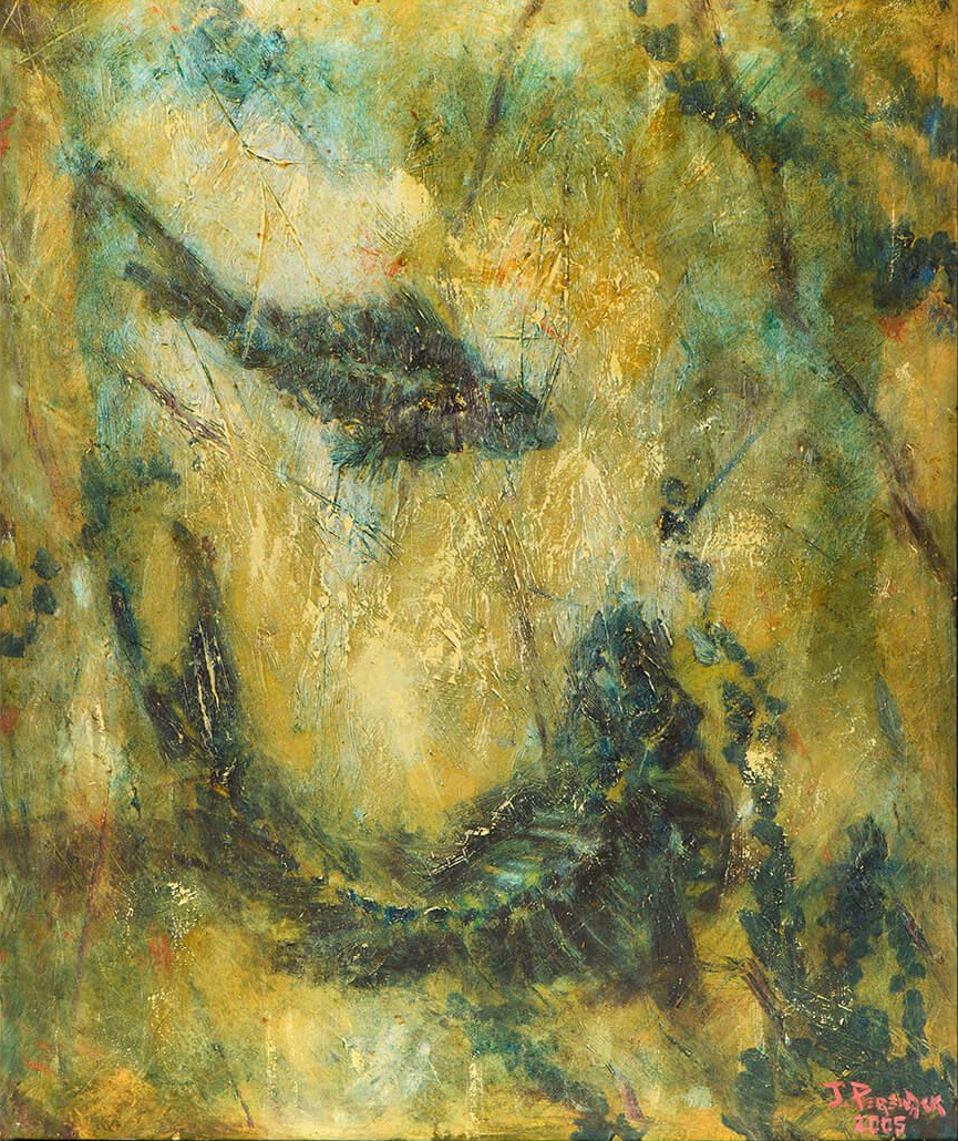 Abstract painting with swirling teal, green, and yellow hues. Darker shapes suggest organic forms.