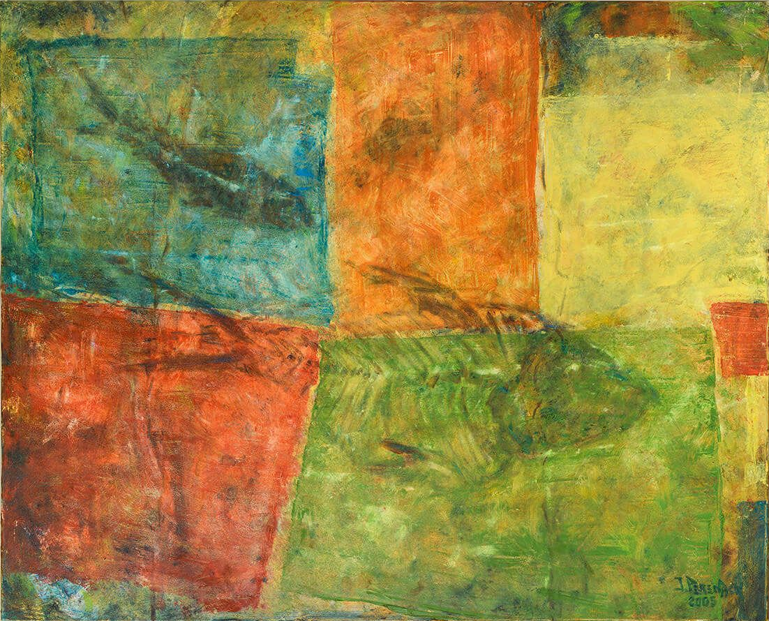 Abstract painting with overlapping colored squares: blue, orange, yellow, green, and red.