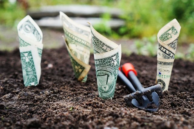 Three dollar bills are sticking out of the ground next to a shovel.