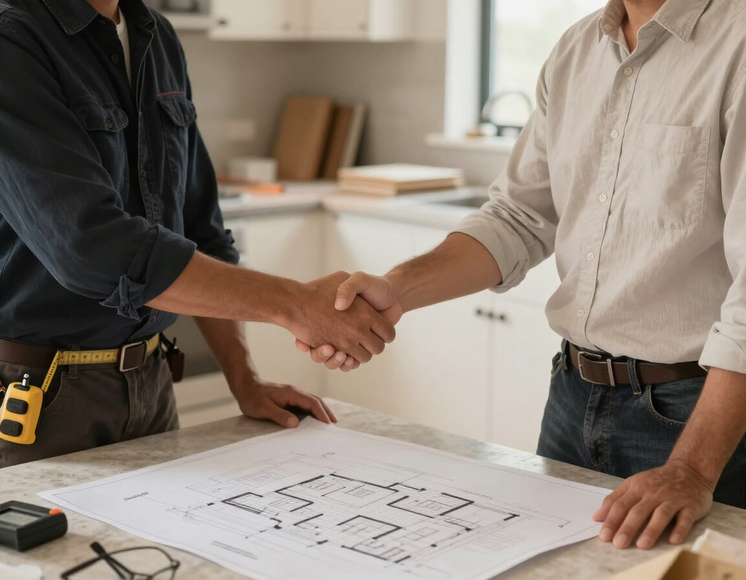 Michael shaking hands with a client over building plans