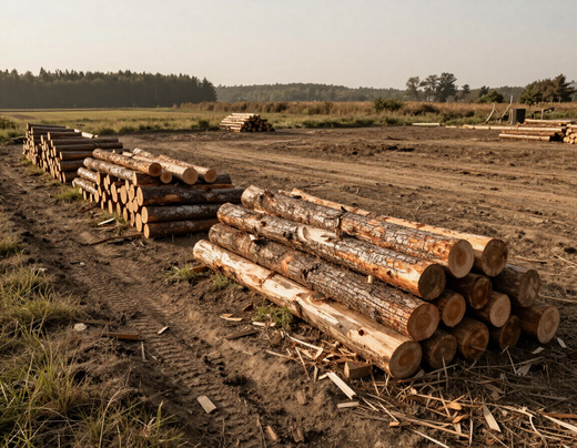 Cleared rural land with stacked felled timber