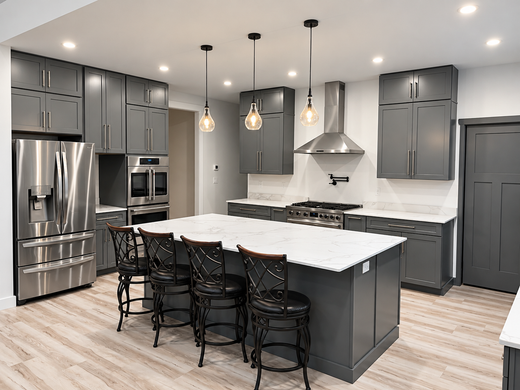 Mid-renovation kitchen remodel with new cabinetry being installed