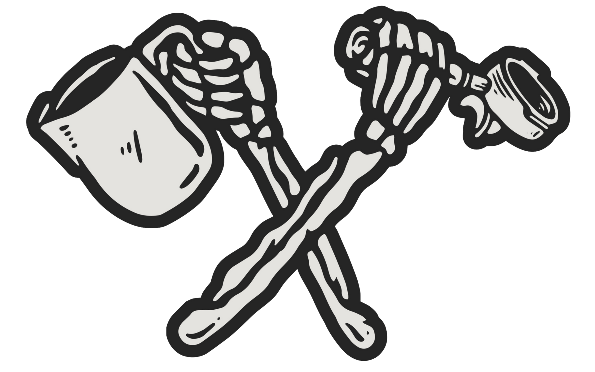 Crossed skeleton arms holding a mug and a coffee tamper, black outline — Drop In Espresso Bar in Wallsend, NSW