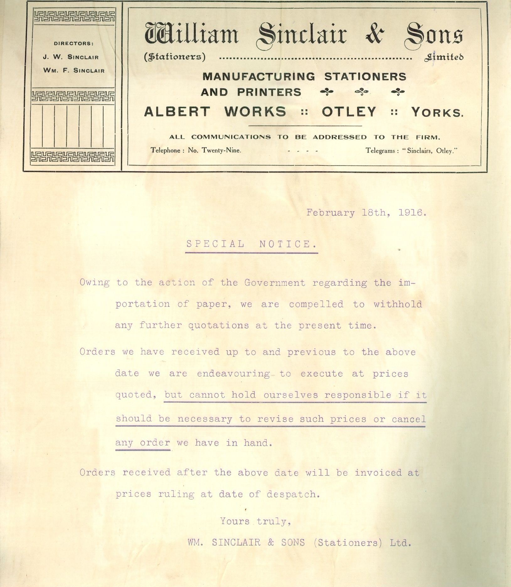 Image of document by William Sinclair & Sons from WW1
