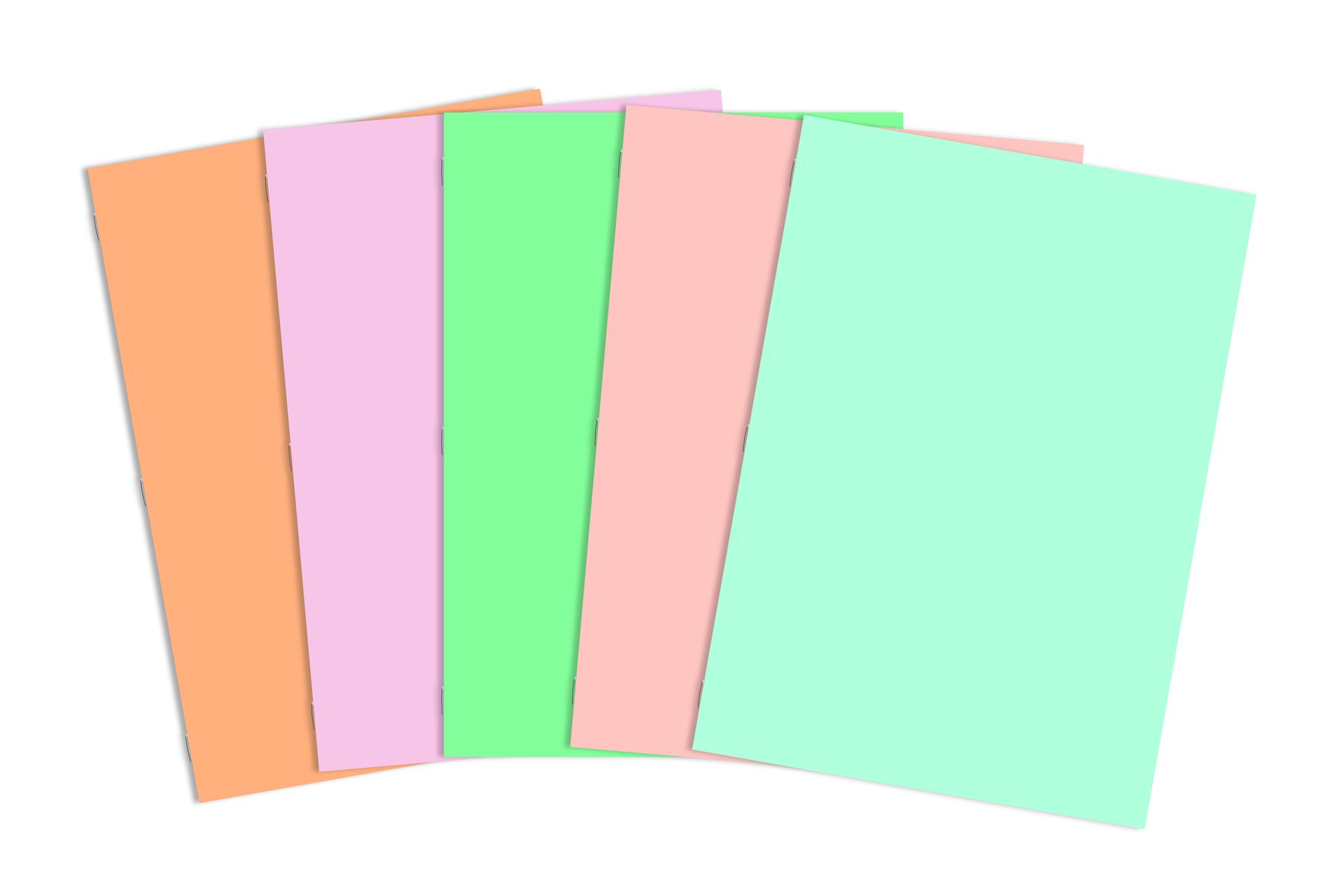 Five pastel sketchbooks scattered onto a white background.