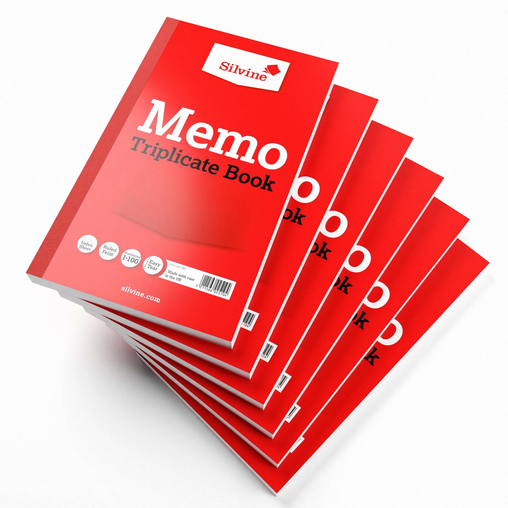 Stack of five memo triplicate books on a white background.